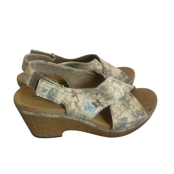 Clarks Giselle Cove Beige Floral Sandals Slingback Neutral Cork Wedges Size 11 - Picture 5 of 16